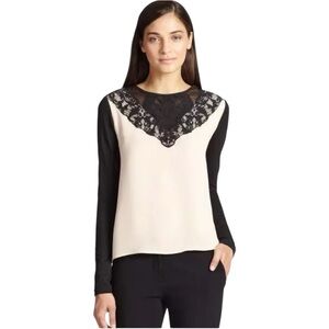 DVF‎ Diane Von Furstenberg Nadia Lace Panel Silk Top Blouse Pebble Black